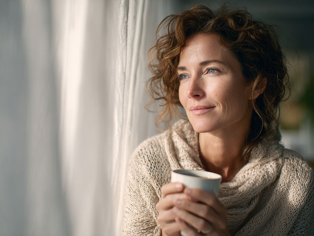 A serene woman in her mid-40s sitting by the window with a warm drink, embracing a calm autumn moment. Perfect imagery for midlife wellness, seasonal reset, and self-care rituals with hydrolysed collagen and superfood support.