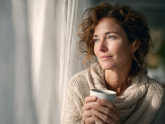 A serene woman in her mid-40s sitting by the window with a warm drink, embracing a calm autumn moment. Perfect imagery for midlife wellness, seasonal reset, and self-care rituals with hydrolysed collagen and superfood support.