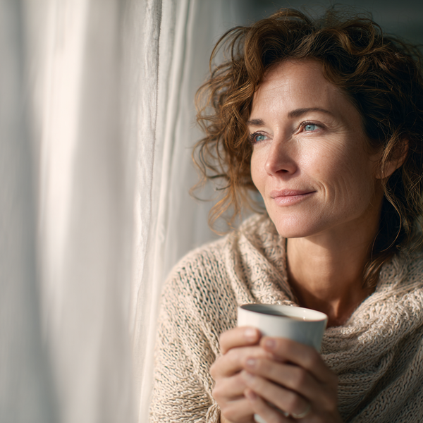 A serene woman in her mid-40s sitting by the window with a warm drink, embracing a calm autumn moment. Perfect imagery for midlife wellness, seasonal reset, and self-care rituals with hydrolysed collagen and superfood support.