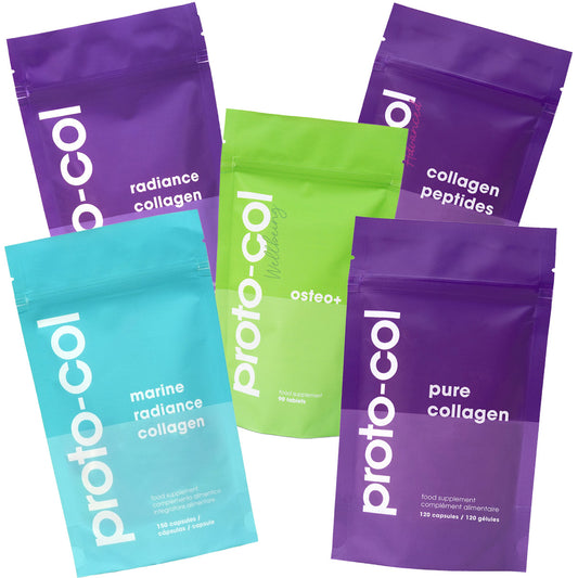 Five Proto-col supplement packages in purple, green, and blue on a white background